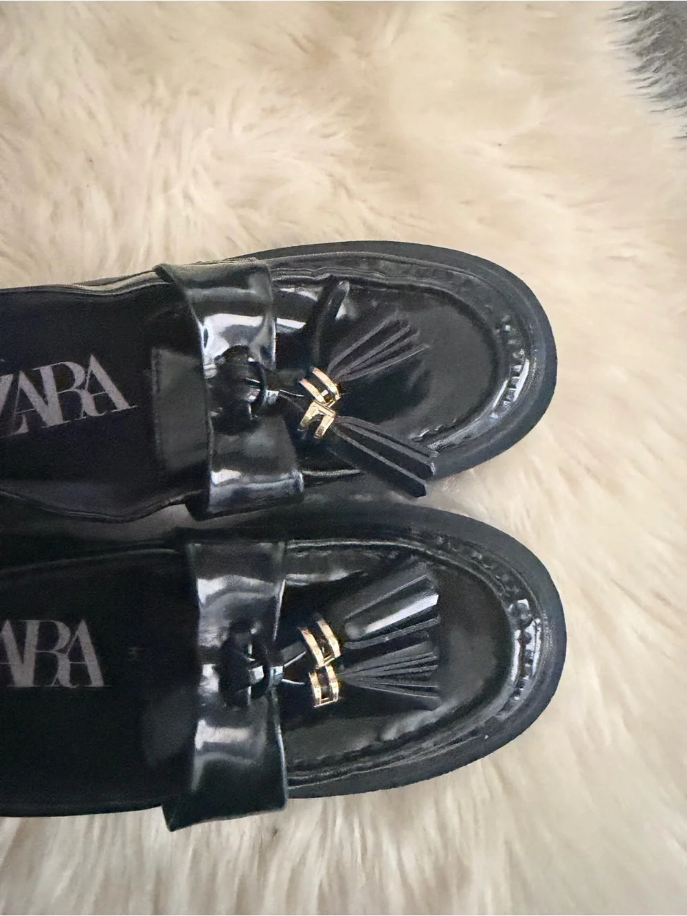 Zara Black Patent Tassel Loafers with Gold Accents